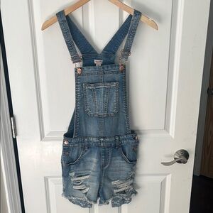 Mossimo Supply Co. Blue Denim distressed Overalls with rose gold sz XS